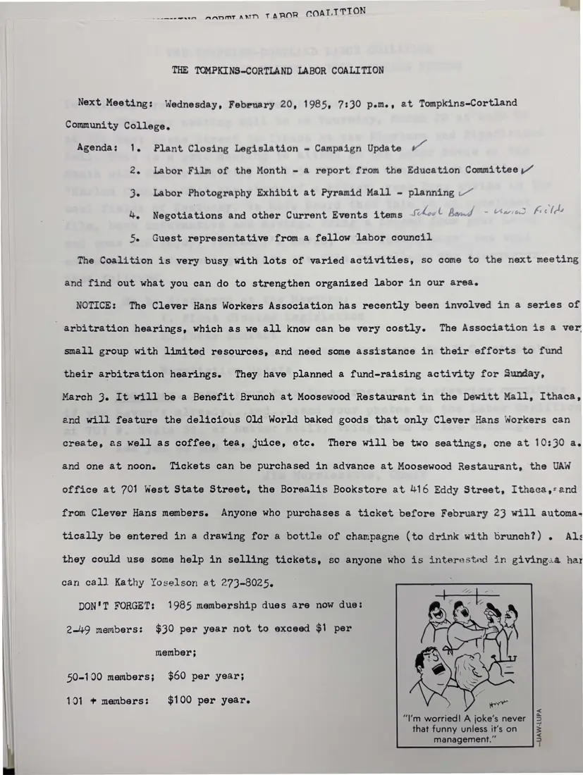 Photograph of a meeting notice: Notice for the February 20, 1985 meeting, page 1.