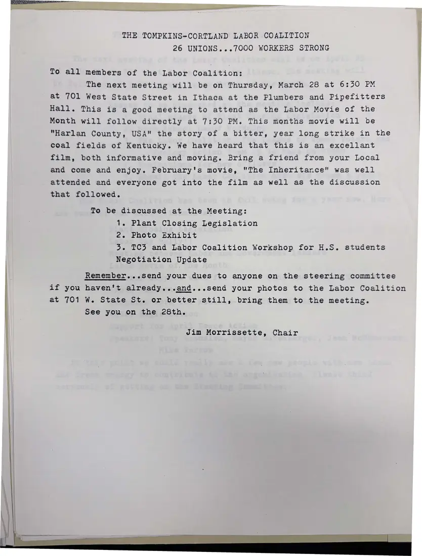 Photograph of a meeting notice: Notice for the March 28 meeting and “Harlan County, U.S.A.”, page 1.
