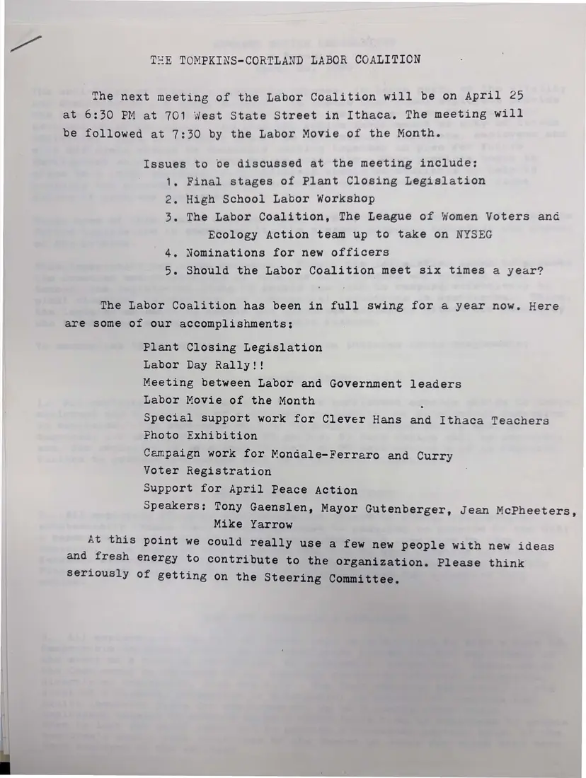 Photograph of a meeting notice: Notice for the April 25 meeting, with a year of accomplishments, page 1.