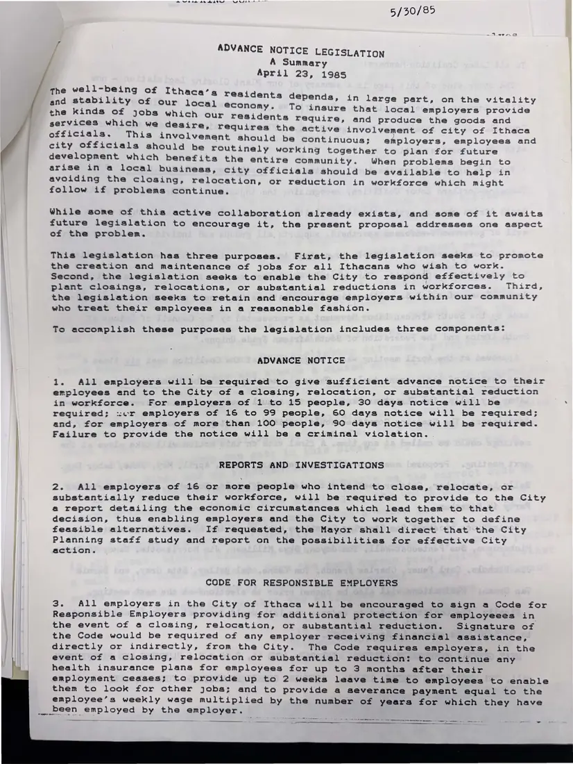 Photograph of a proposal: “Advance Notice Legislation: A Summary”, page 1.