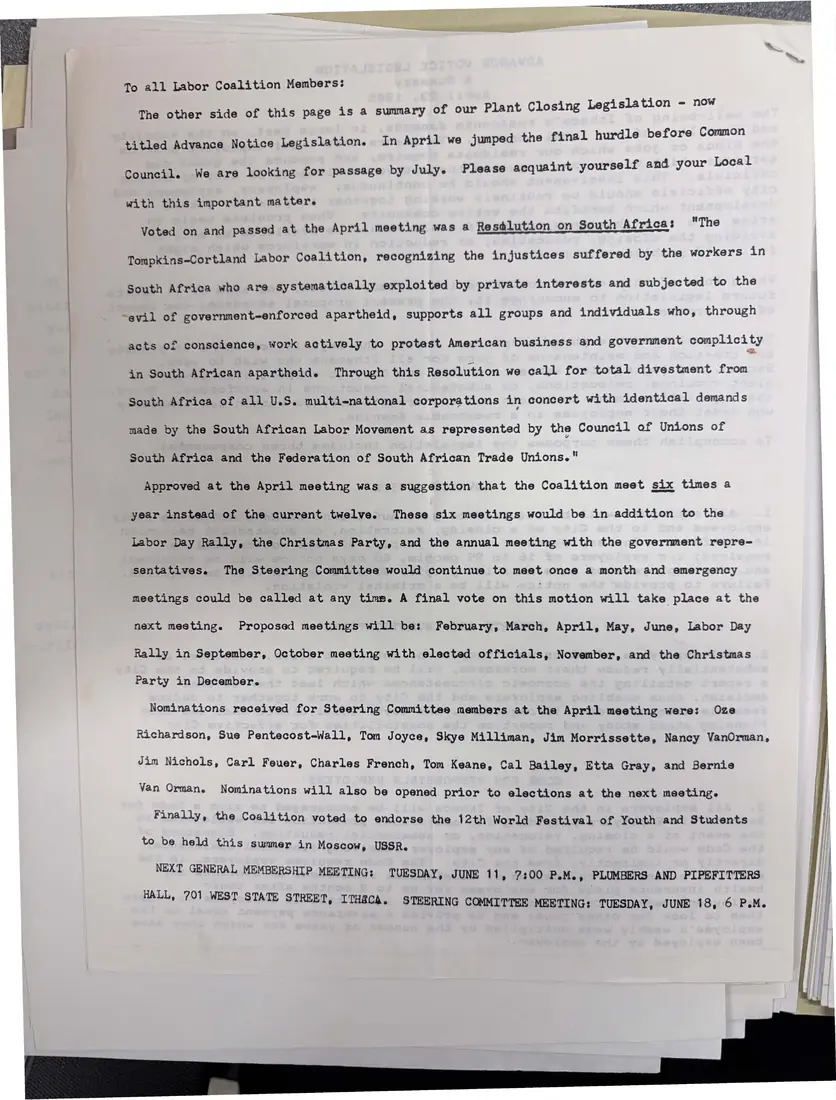 Photograph of a letter: Letter to all members: plant closing bill and a resolution on South Africa, page 1.