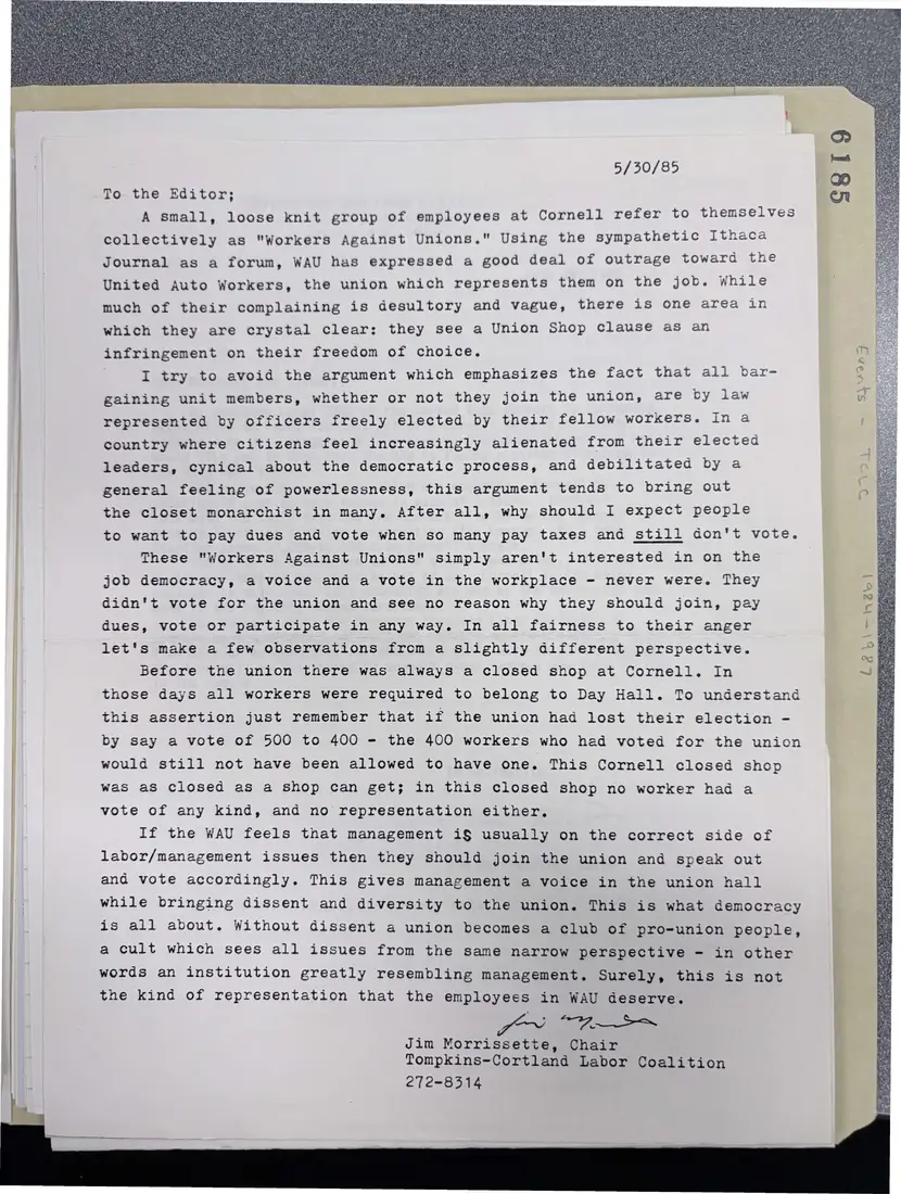 Photograph of a letter: Jim Morrissette's letter to the editor on “Workers Against Unions” at Cornell, page 1.