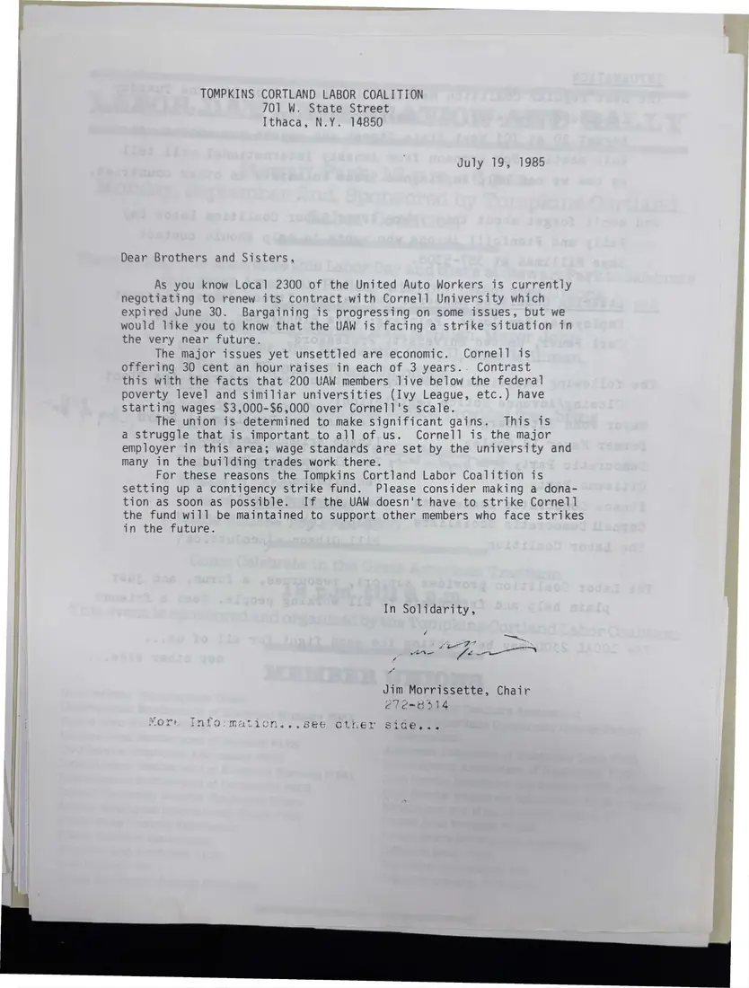 Photograph of a letter: Letter on UAW Local 2300's contract fight at Cornell, page 1.