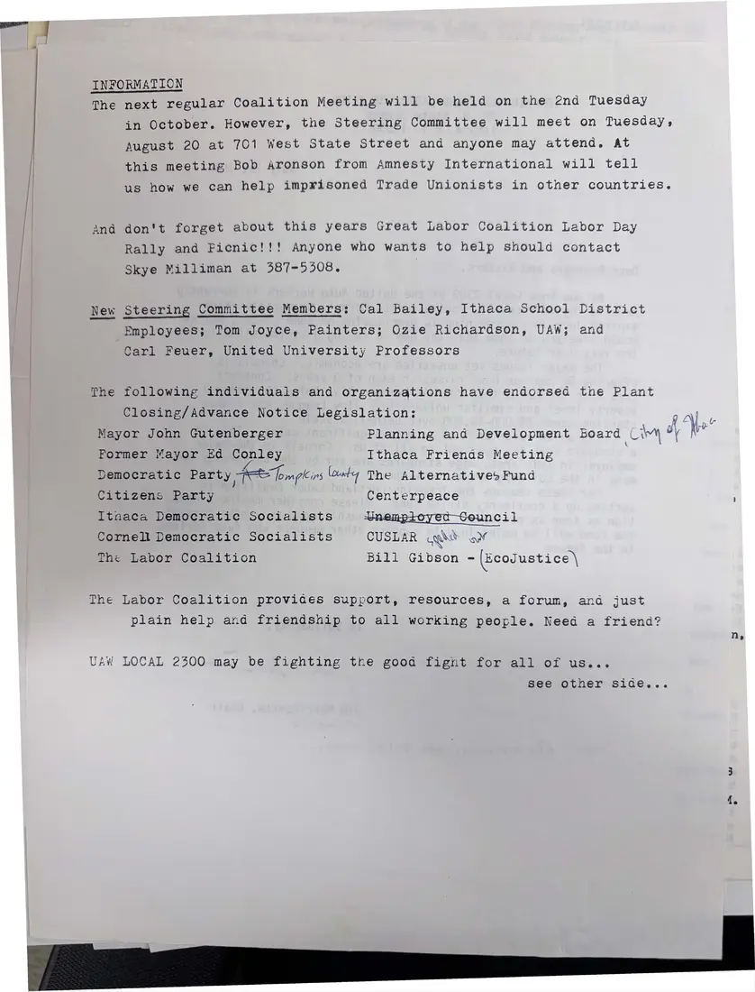 Photograph of a meeting notice: Information sheet: steering committee and endorsers of the plant closing bill, page 1.