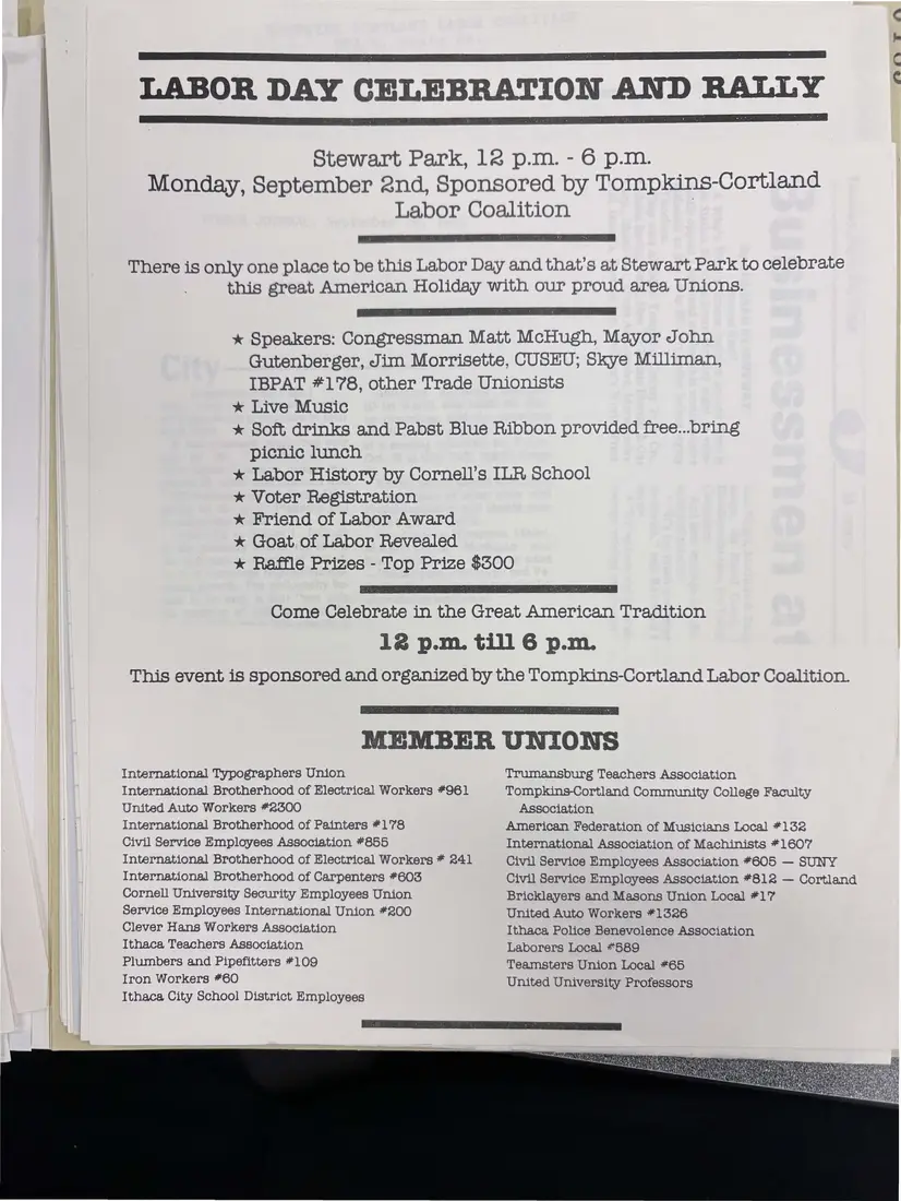 Photograph of a flyer: Labor Day Celebration and Rally flyer, Monday, September 2, page 1.