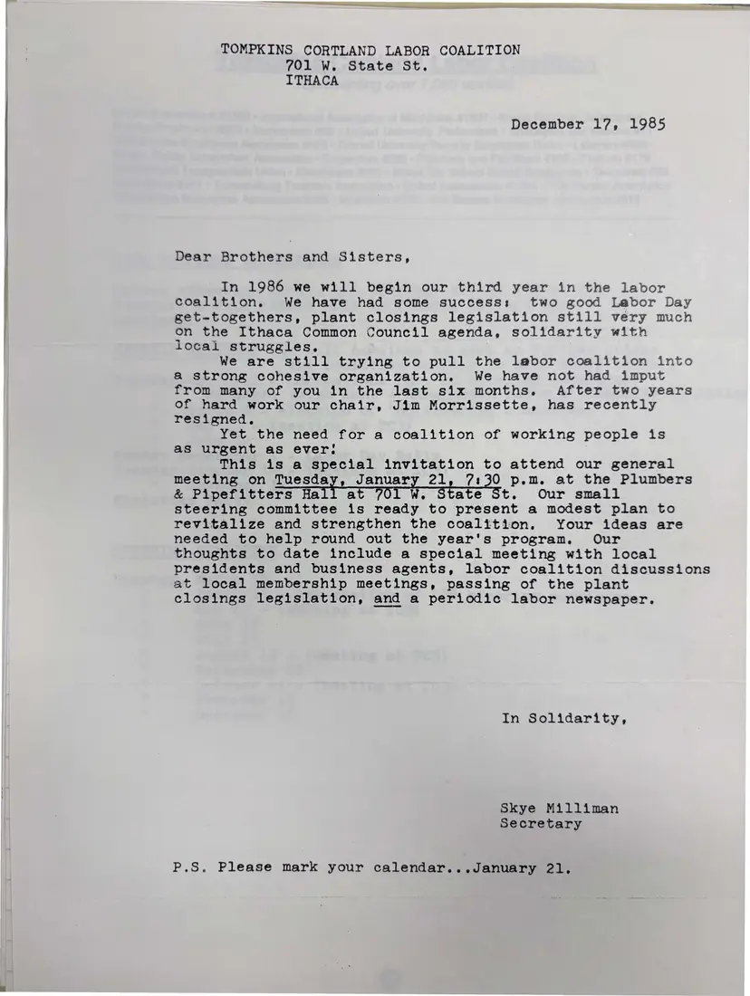 Photograph of a letter: December 1985 letter: beginning the third year, page 1.
