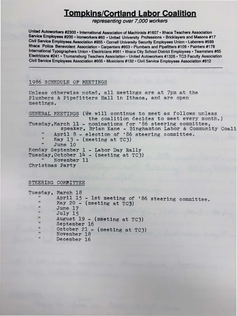 Photograph of a meeting notice: 1986 schedule of meetings, page 1.