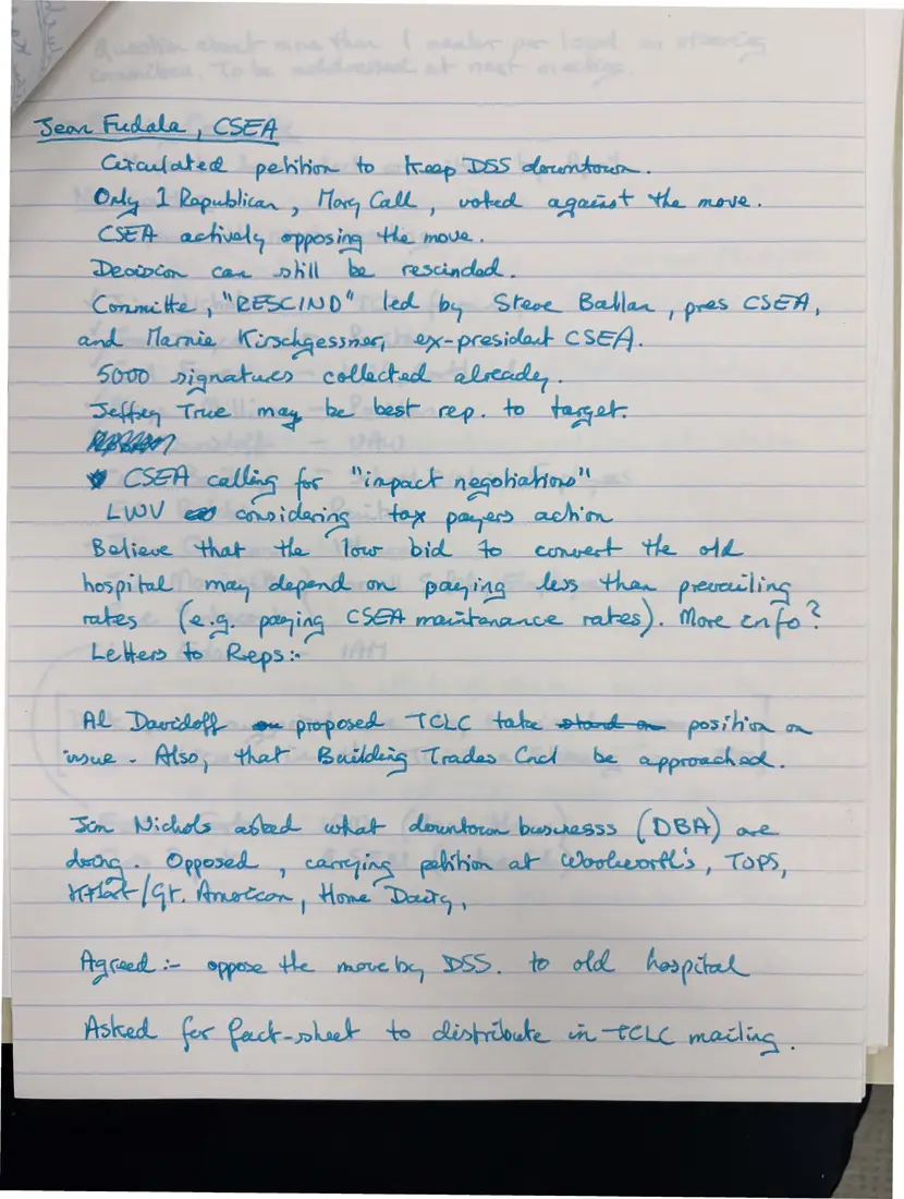 Photograph of a document: Handwritten notes from 1986 meetings, page 2.