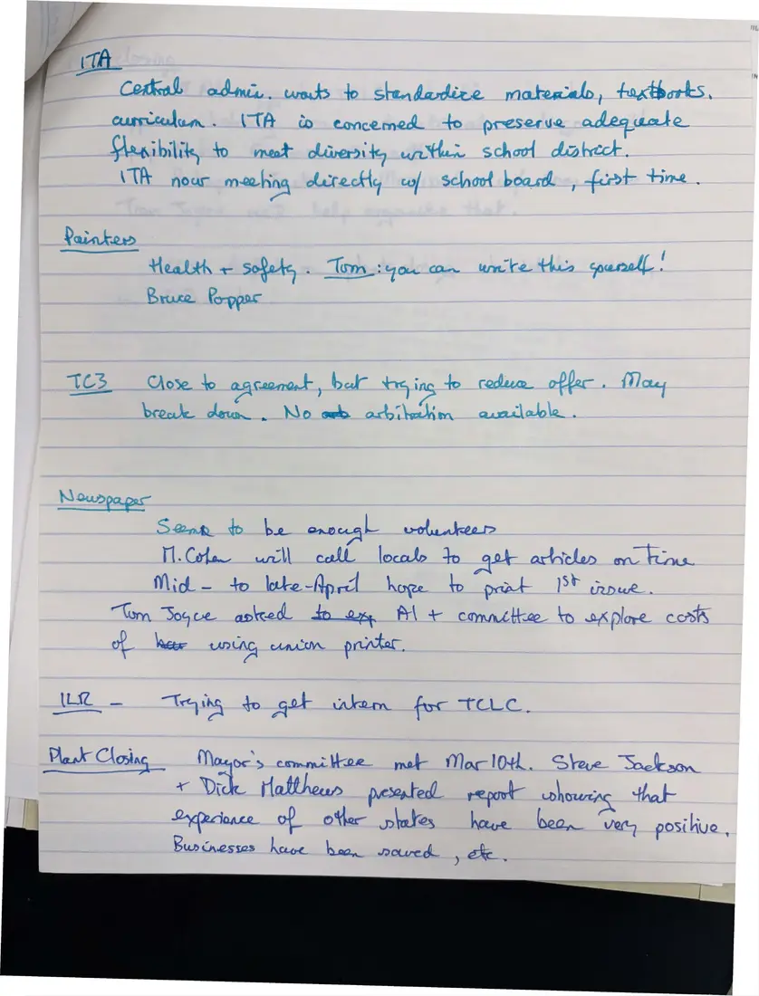 Photograph of a document: Handwritten notes from 1986 meetings, page 5.