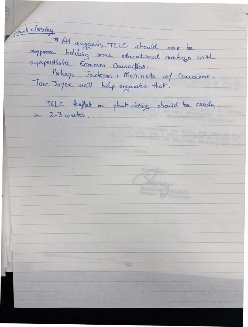 Photograph of a document: Handwritten notes from 1986 meetings, page 6.