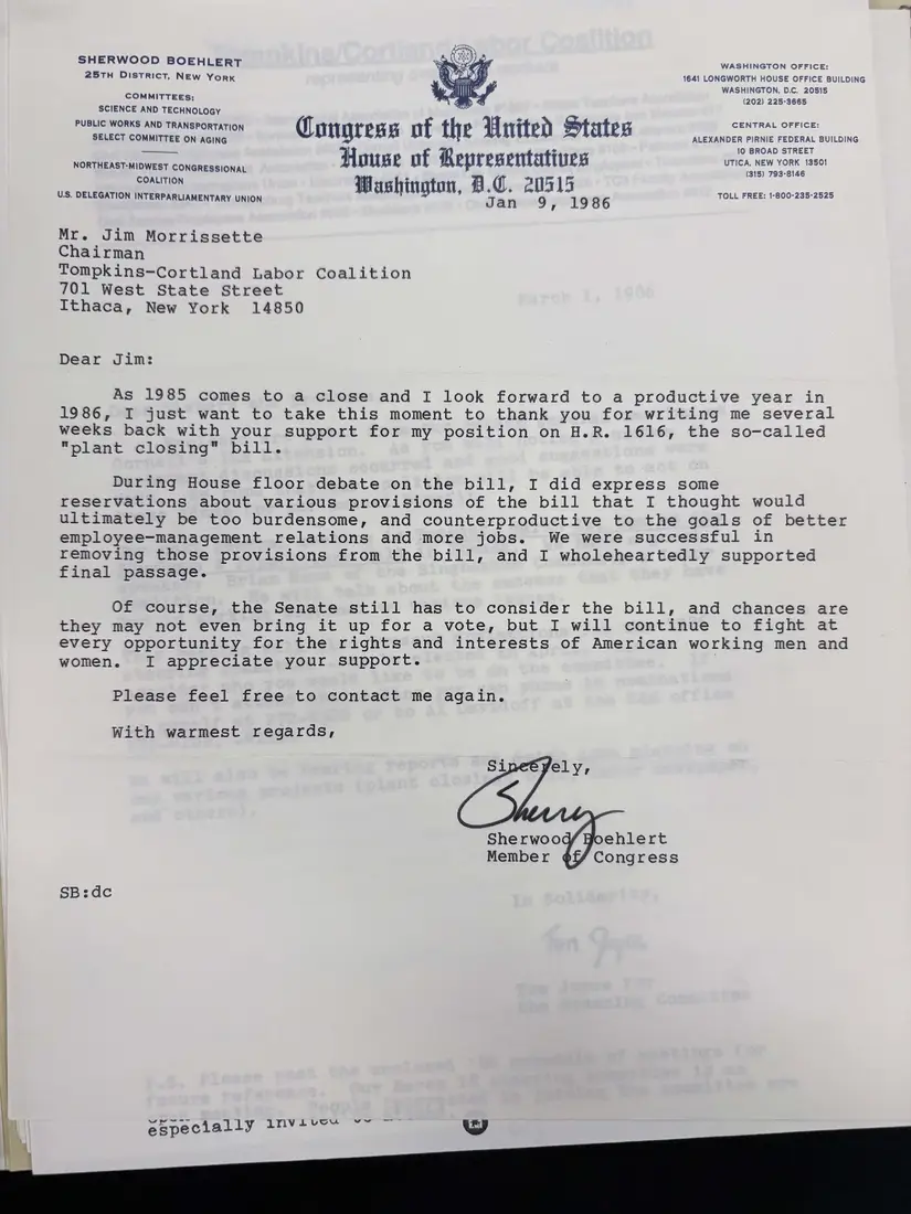 Photograph of a letter: Rep. Sherwood Boehlert to Jim Morrissette on the plant closing bill, page 1.
