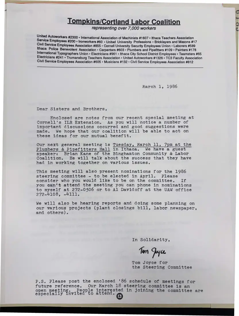 Photograph of a letter: Tom Joyce for the steering committee: notes from the ILR special meeting, page 1.
