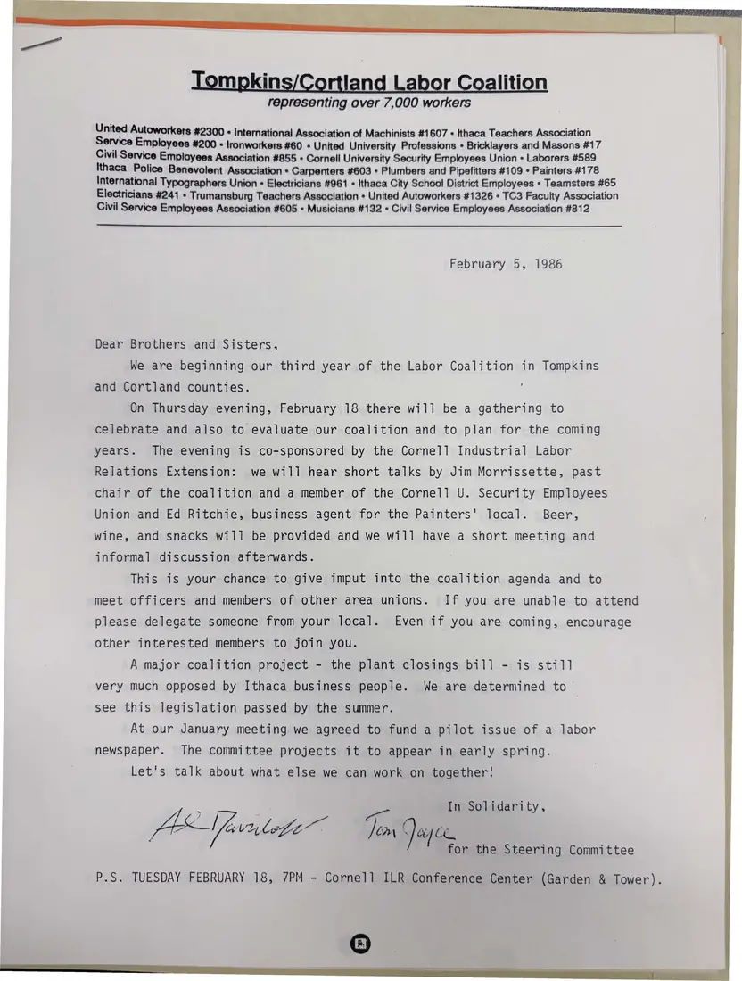 Photograph of a letter: February 1986 invitation to a gathering at Cornell's ILR Conference Center, page 1.