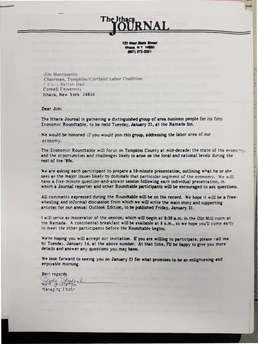 Photograph of a letter: Ithaca Journal invitation to an economic roundtable, page 1.