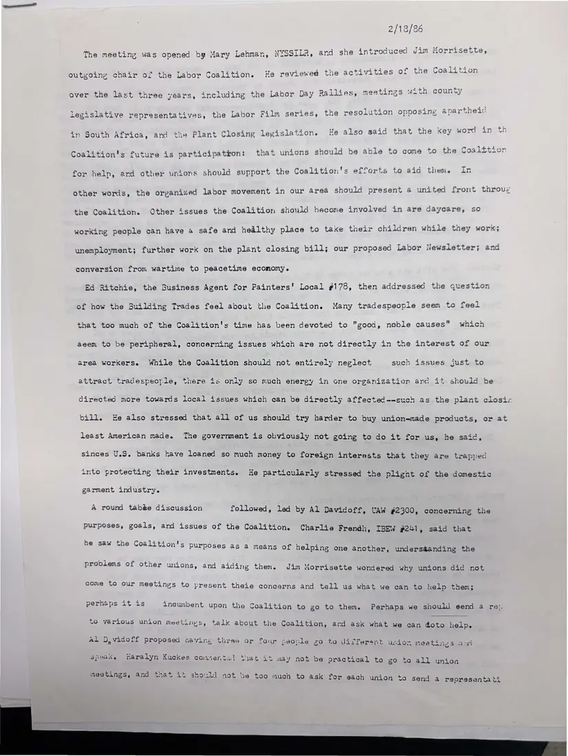 Photograph of a meeting minutes: Notes from the coalition's February 1986 gathering, page 1.