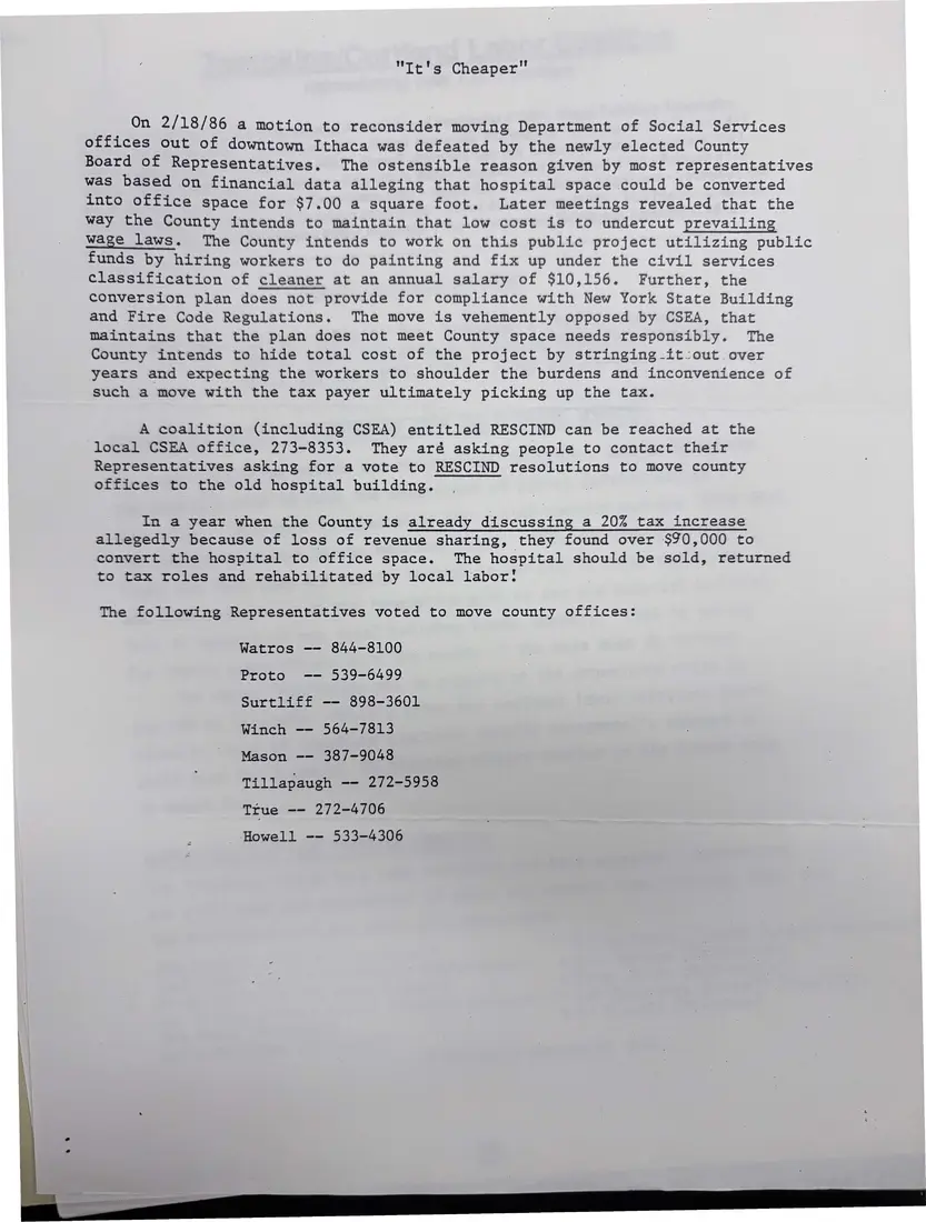 Photograph of a fact sheet: “It's Cheaper”: fact sheet on moving county social services out of downtown, page 1.