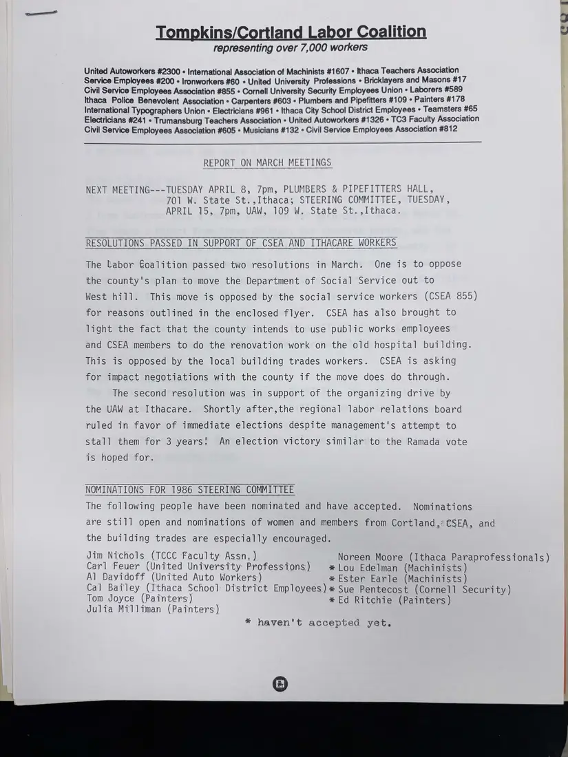 Photograph of a report: Report on March 1986 meetings, page 1.