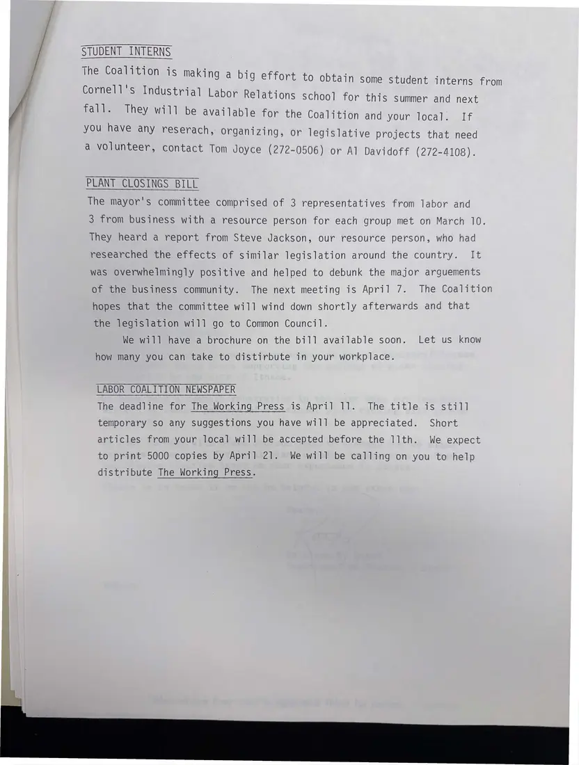Photograph of a meeting notice: Notice on student interns, the plant closing bill, and the labor newspaper, page 1.