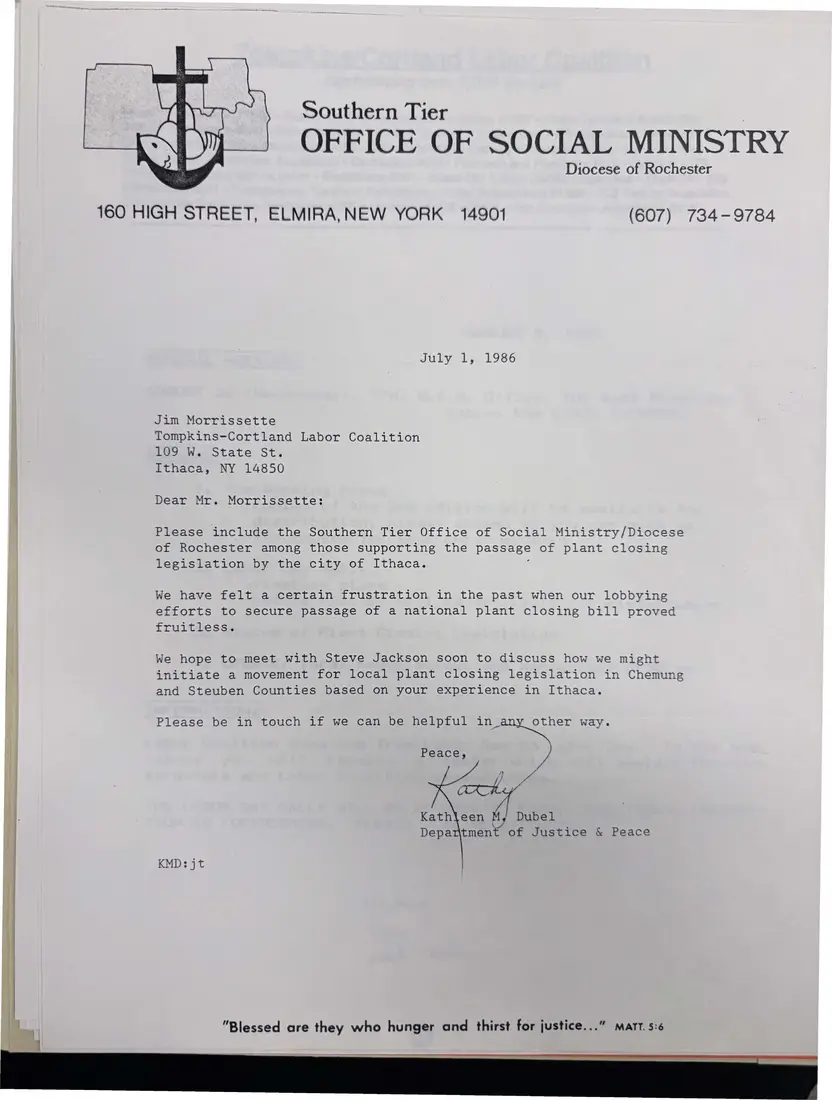Photograph of a letter: Southern Tier Office of Social Ministry supports the plant closing bill, page 1.