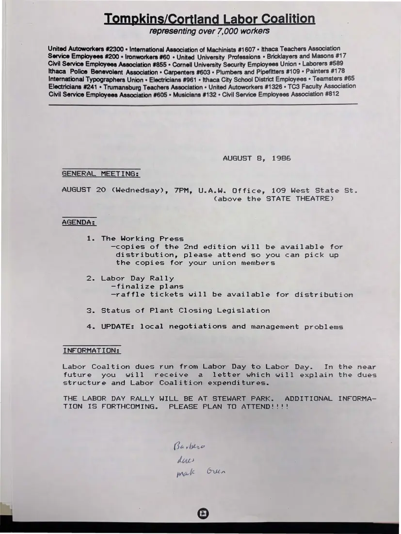 Photograph of a meeting notice: General meeting notice, August 1986, page 1.
