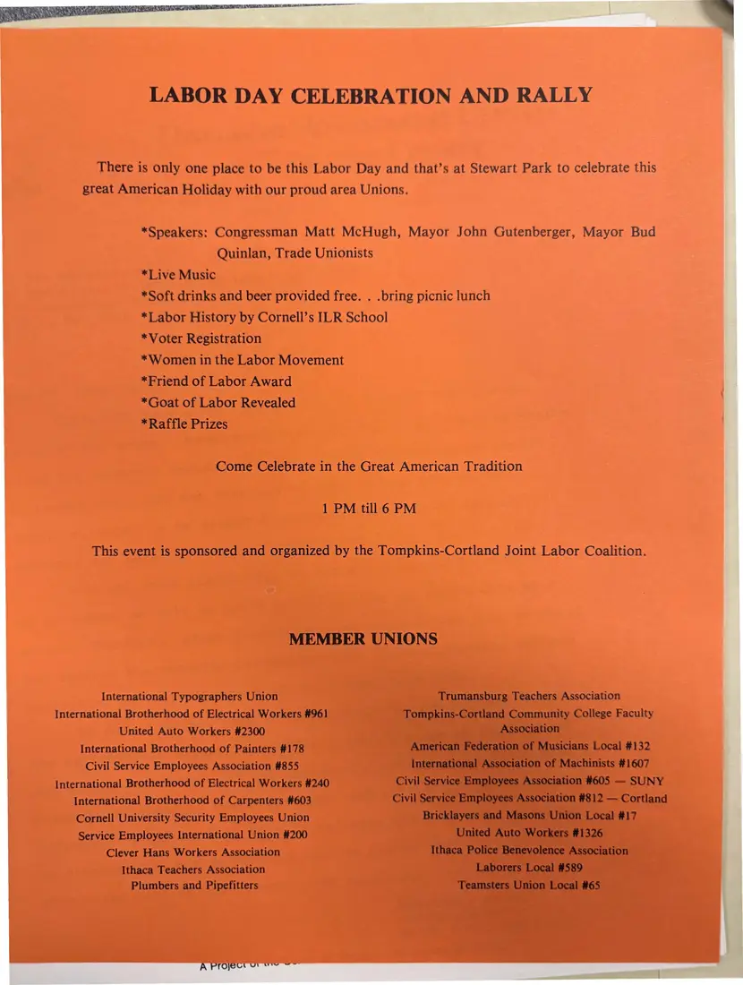Photograph of a flyer: Labor Day Celebration and Rally flyer (orange), page 1.