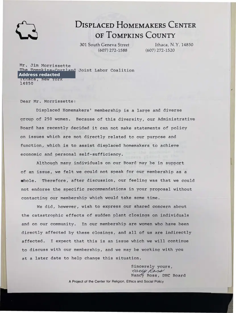 Photograph of a letter: Displaced Homemakers Center of Tompkins County on plant closings, page 1.