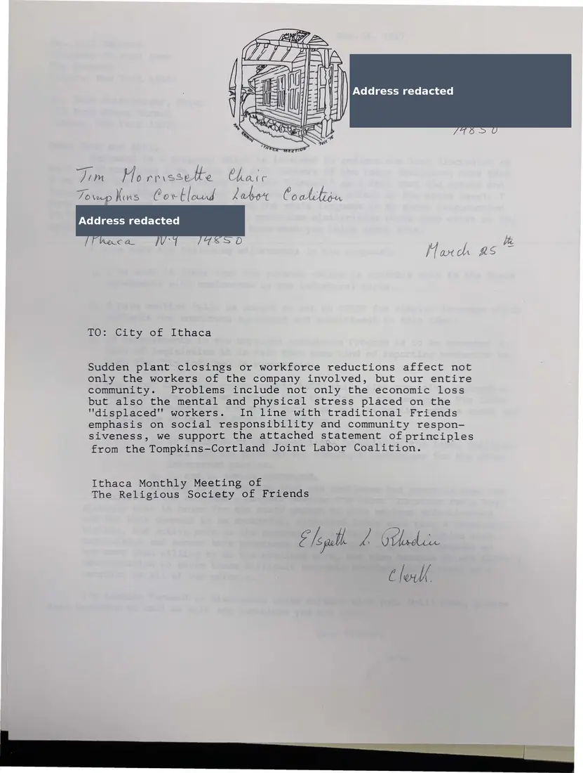 Photograph of a letter: Ithaca Monthly Meeting of Friends endorses the plant closing principles, page 1.