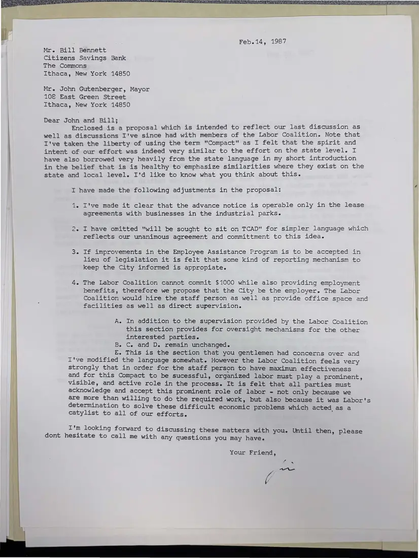 Photograph of a letter: Jim Morrissette's proposal for an “Ithaca Compact”, page 1.
