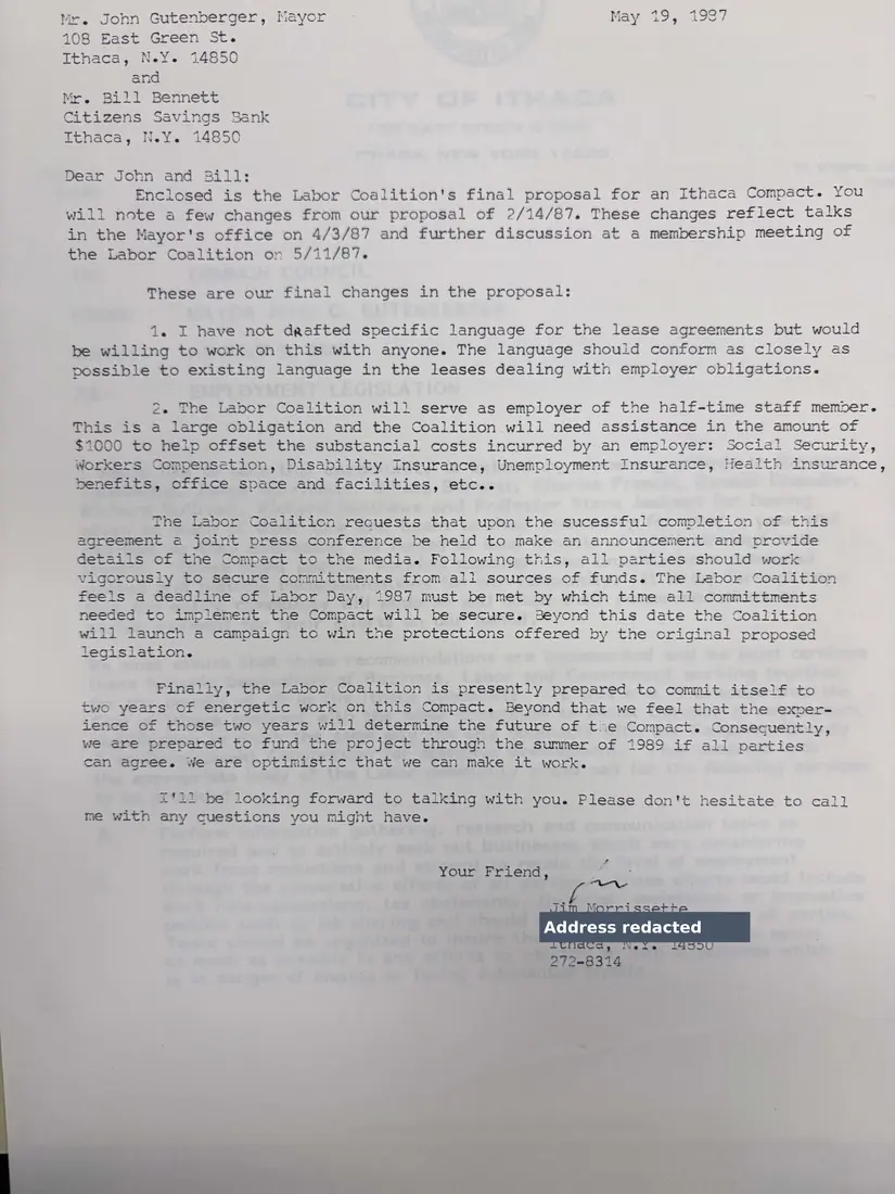Photograph of a letter: Final proposal for the Ithaca Compact, page 1.