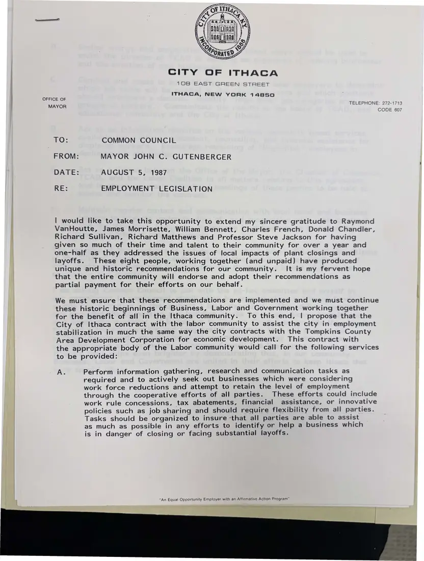 Photograph of a memorandum: Mayor John Gutenberger to Common Council: “Employment Legislation”, page 1.