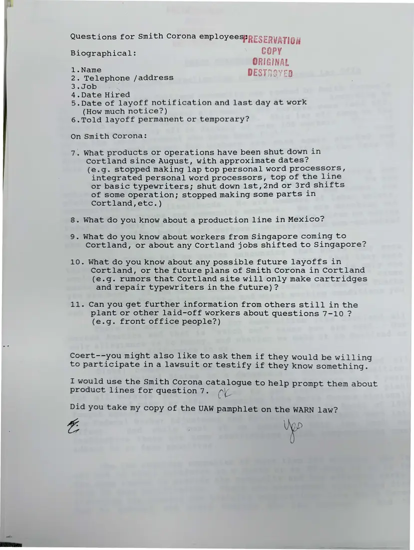 Photograph of a form: “Questions for Smith Corona employees”: interview guide, page 1.