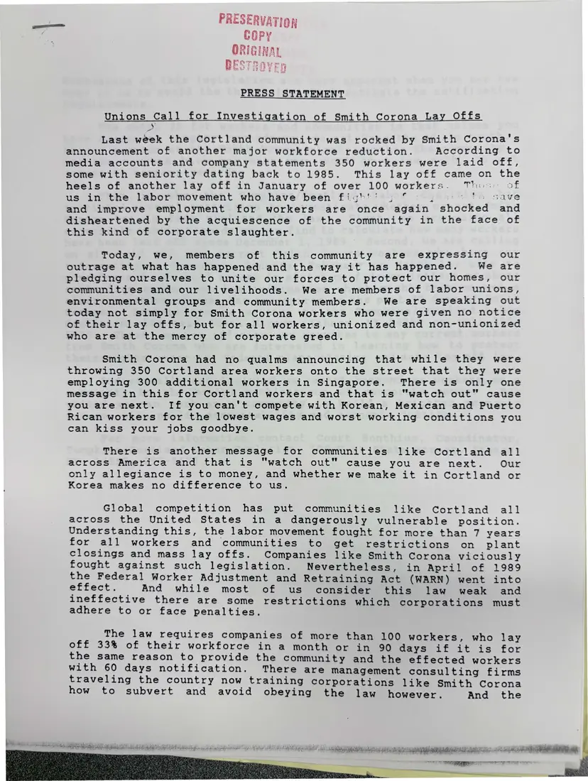 Photograph of a press release: Press statement: “Unions Call for Investigation of Smith Corona Lay Offs”, page 1.