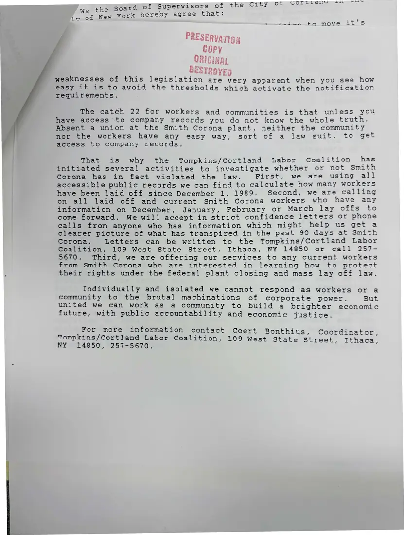 Photograph of a press release: Press statement: “Unions Call for Investigation of Smith Corona Lay Offs”, page 2.