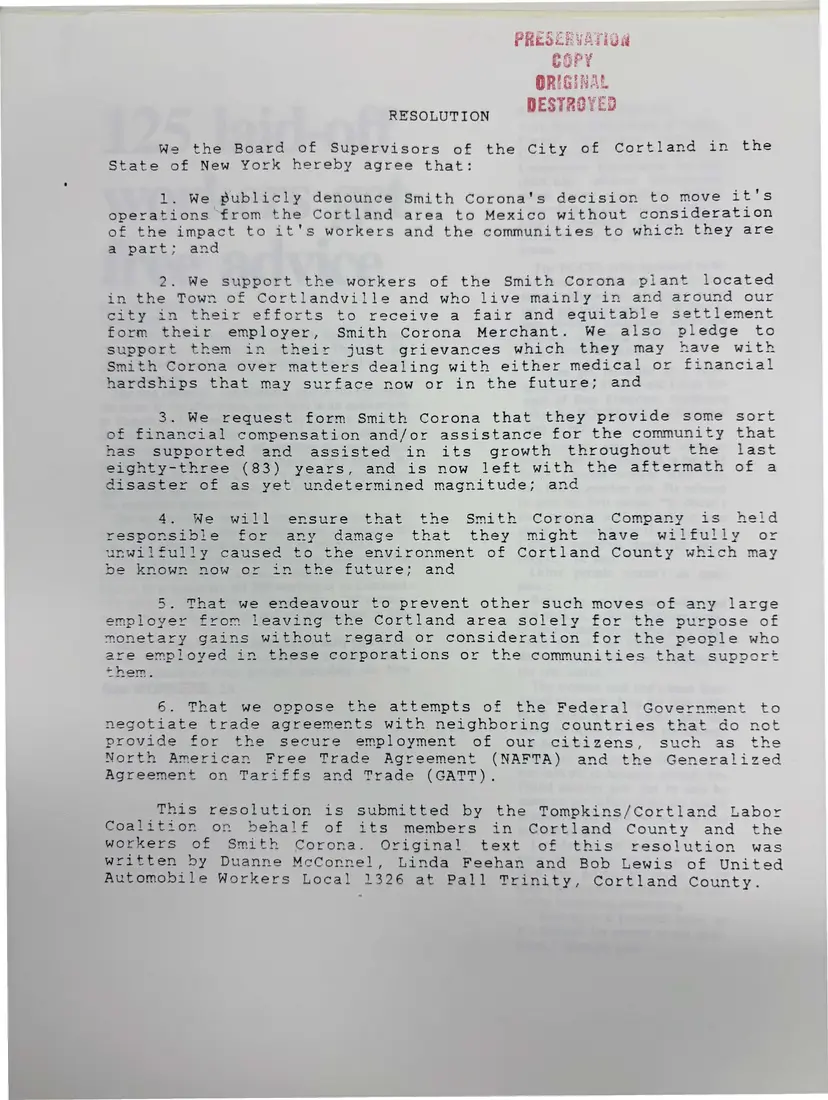 Photograph of a draft agreement: Resolution of the Board of Supervisors of the City of Cortland on Smith Corona, page 1.