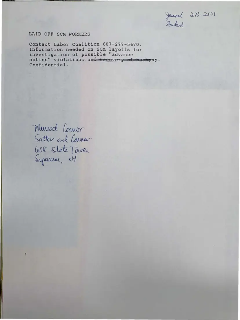 Photograph of a flyer: Notice for laid-off SCM workers, page 1.