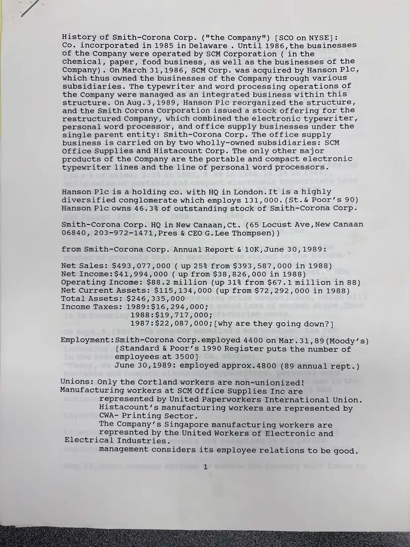 Photograph of a report: Coalition research notes: “History of Smith-Corona Corp.”, page 1.