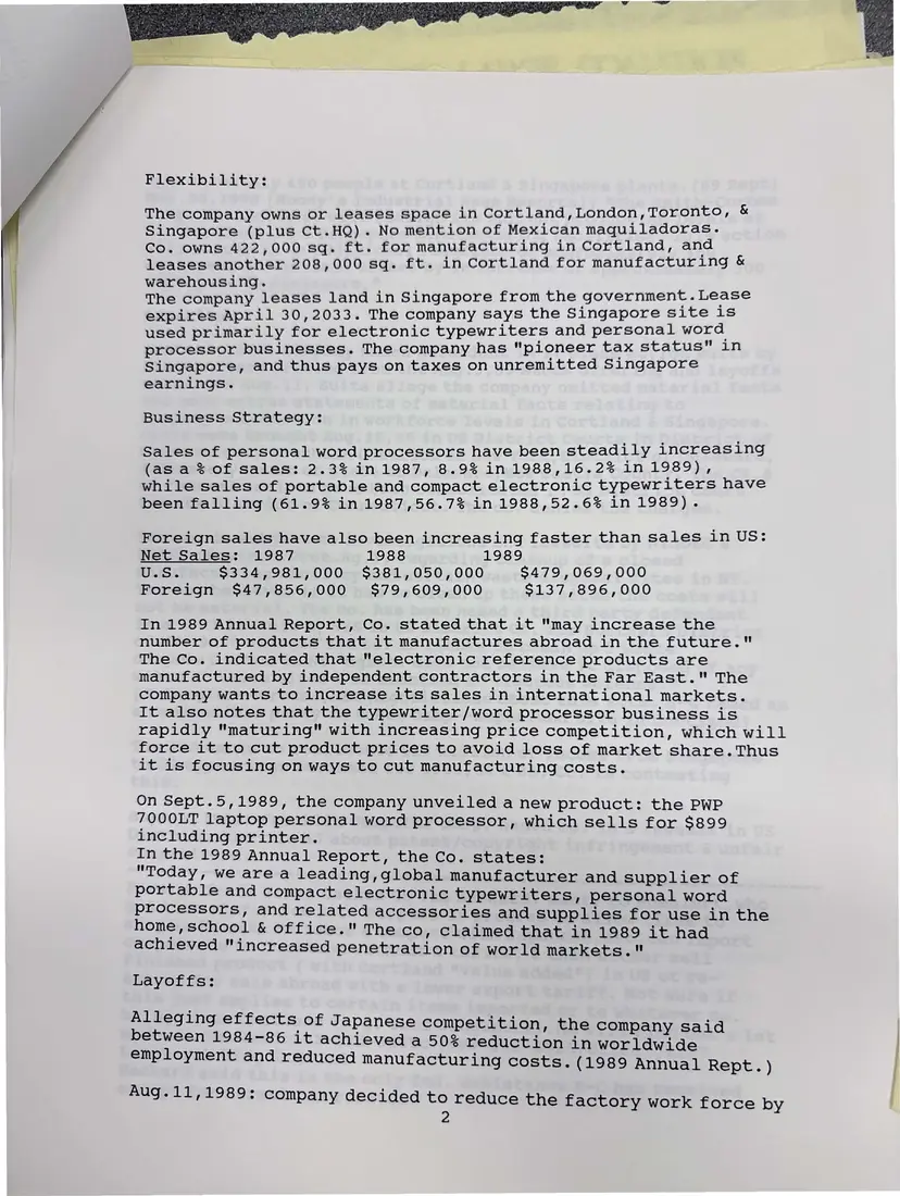 Photograph of a report: Coalition research notes: “History of Smith-Corona Corp.”, page 2.