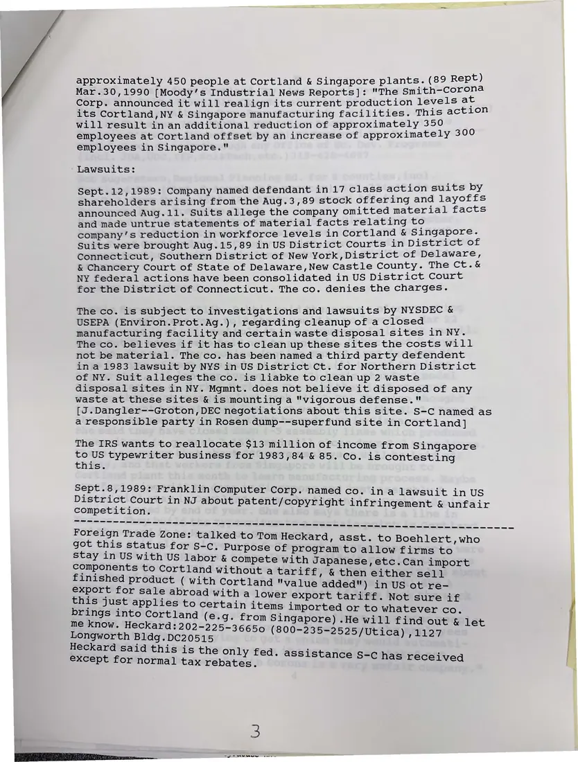 Photograph of a report: Coalition research notes: “History of Smith-Corona Corp.”, page 3.