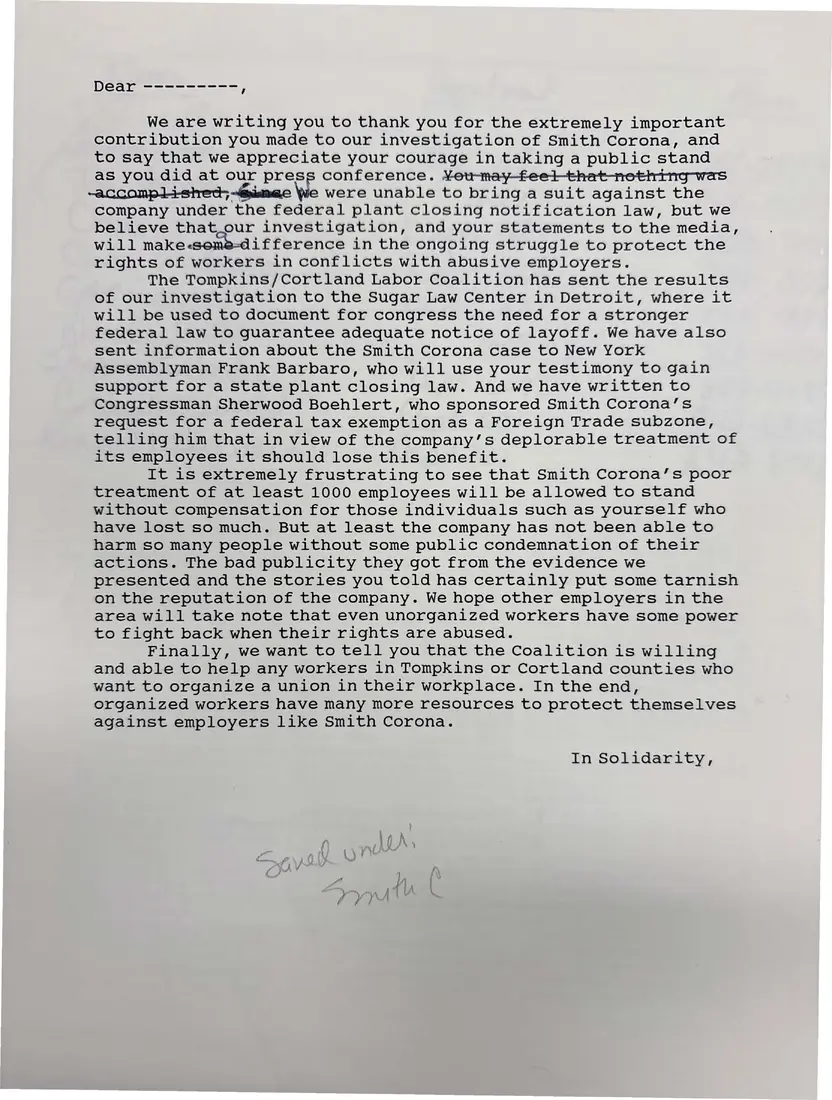 Photograph of a letter: Thank-you letter to workers who spoke out about Smith Corona, page 1.