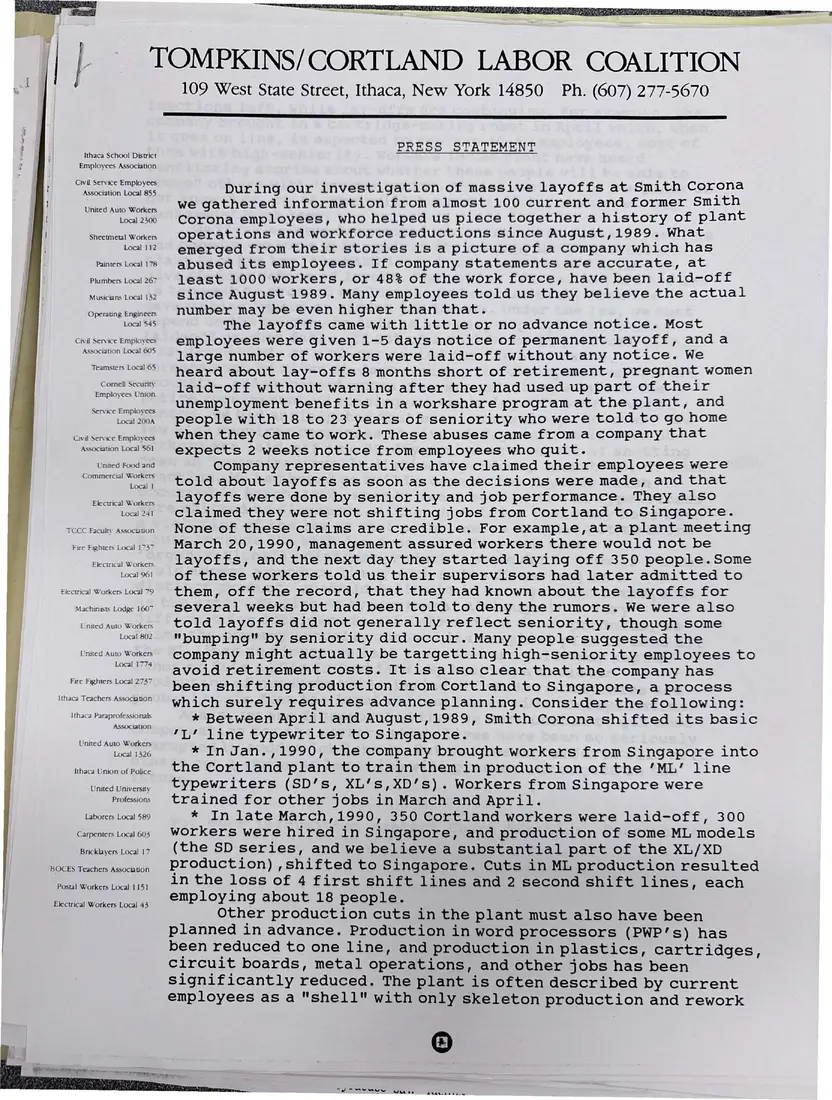 Photograph of a press release: Coalition press statement on its Smith Corona investigation, page 1.