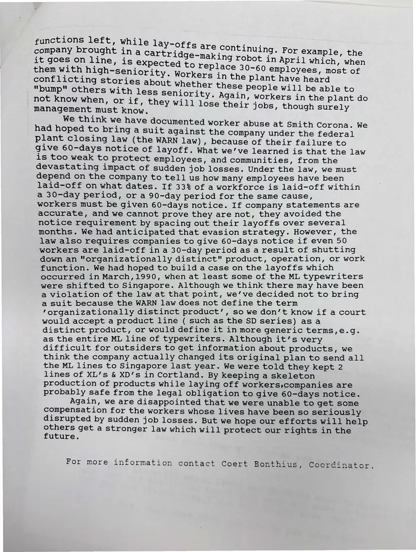 Photograph of a press release: Coalition press statement on its Smith Corona investigation, page 2.