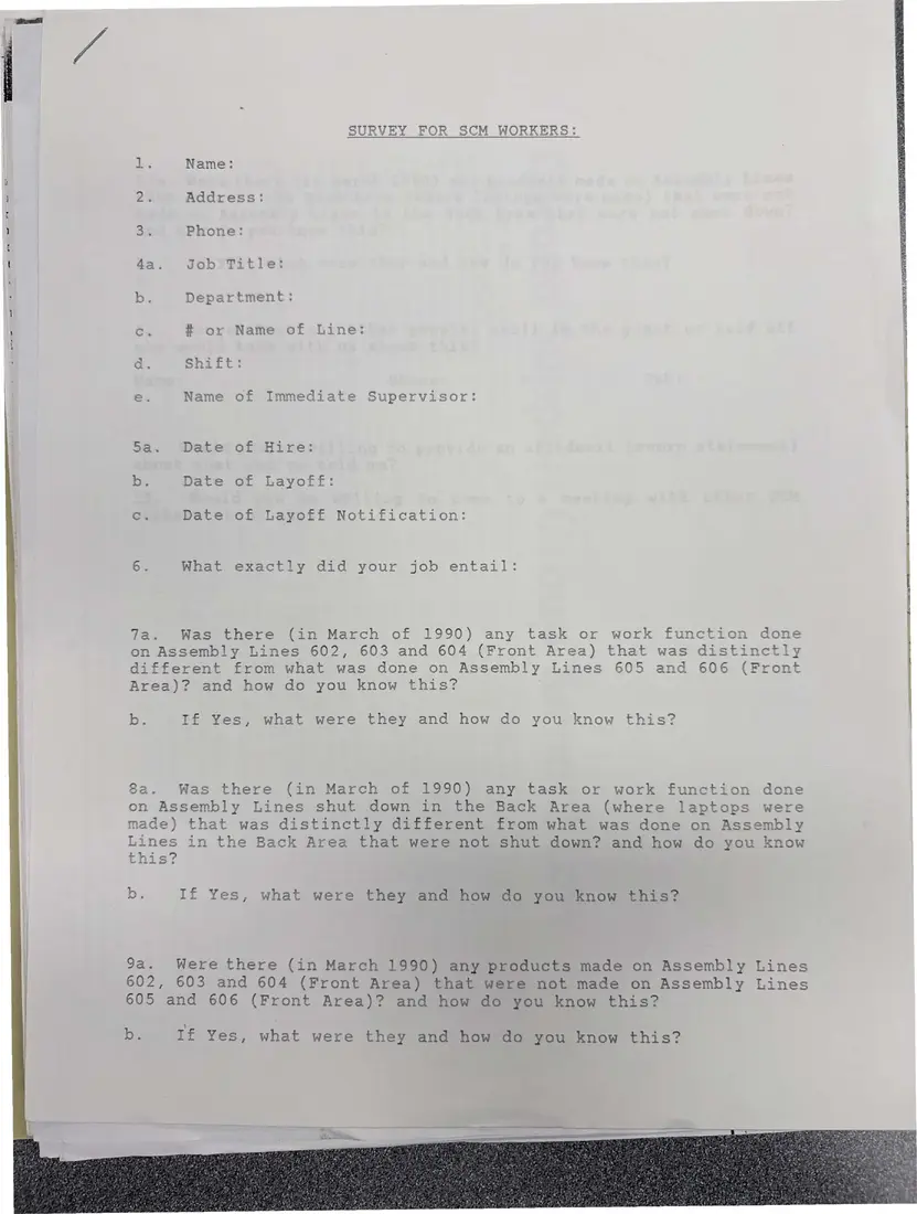 Photograph of a form: “Survey for SCM workers” (blank form), page 1.