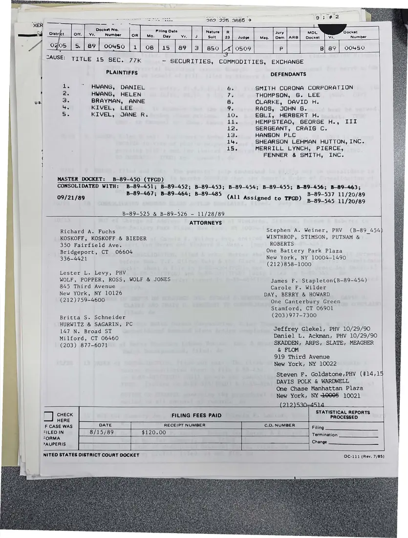 Photograph of a report: Docket sheets in Hwang v. Smith Corona Corp. (securities class action), page 1.