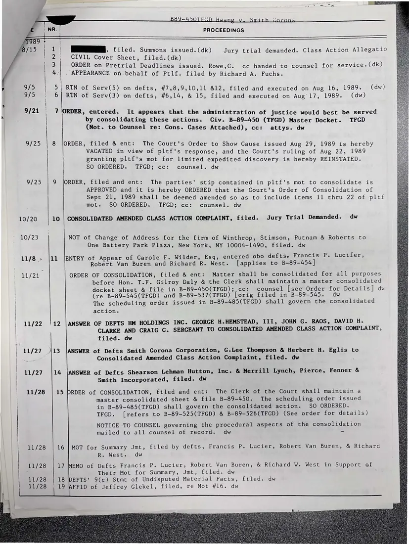 Photograph of a report: Docket sheets in Hwang v. Smith Corona Corp. (securities class action), page 2.