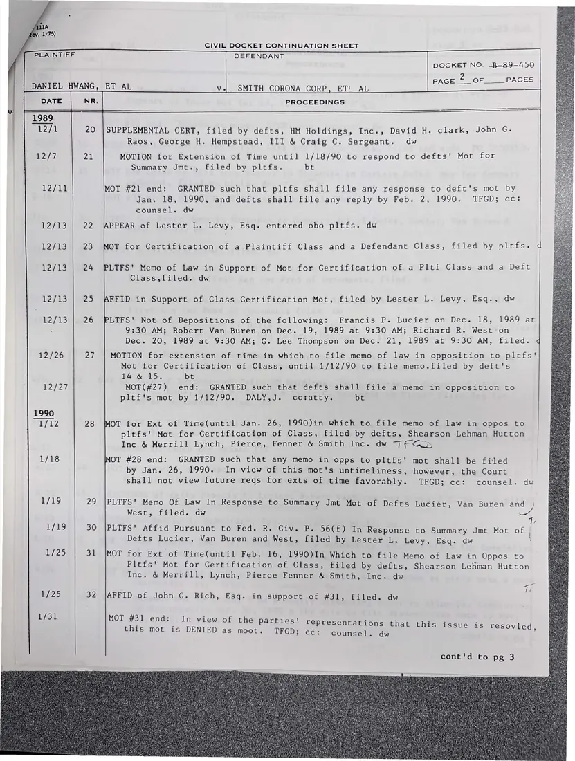 Photograph of a report: Docket sheets in Hwang v. Smith Corona Corp. (securities class action), page 3.