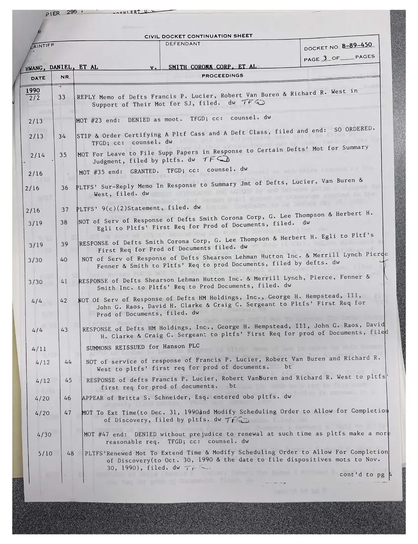 Photograph of a report: Docket sheets in Hwang v. Smith Corona Corp. (securities class action), page 4.