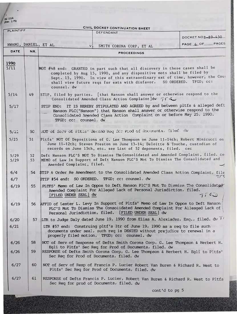 Photograph of a report: Docket sheets in Hwang v. Smith Corona Corp. (securities class action), page 5.