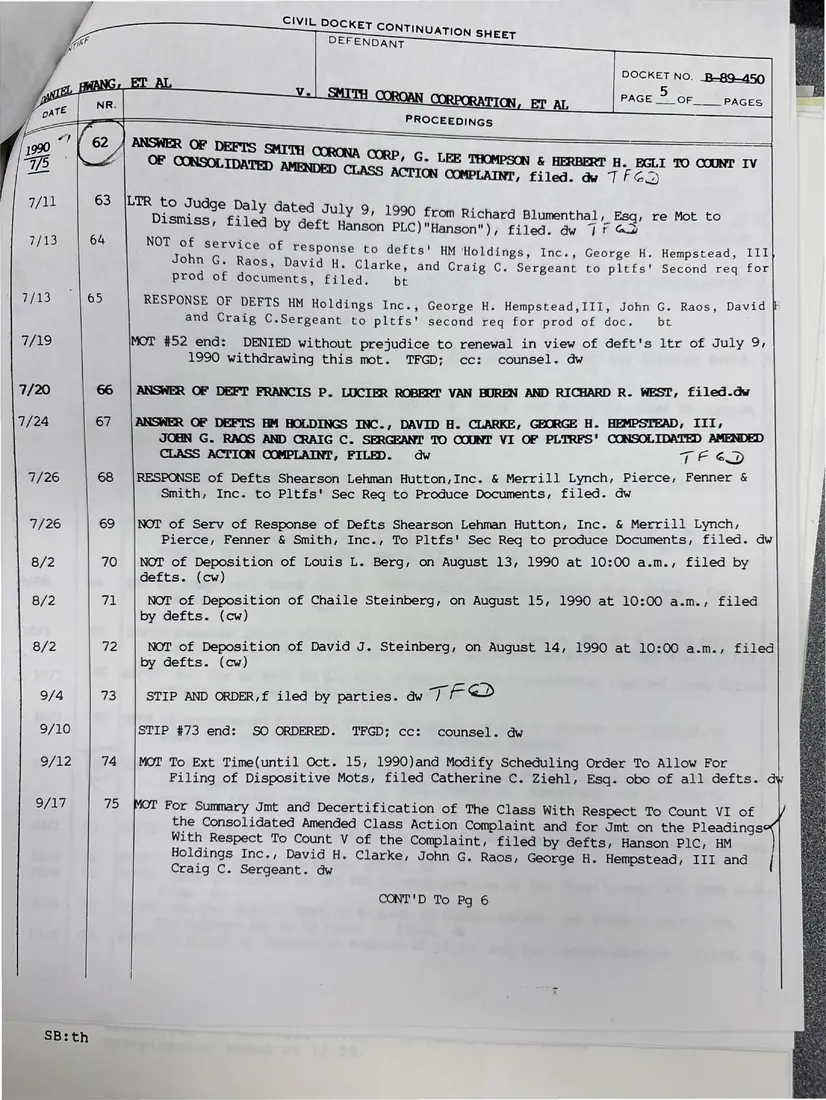Photograph of a report: Docket sheets in Hwang v. Smith Corona Corp. (securities class action), page 6.