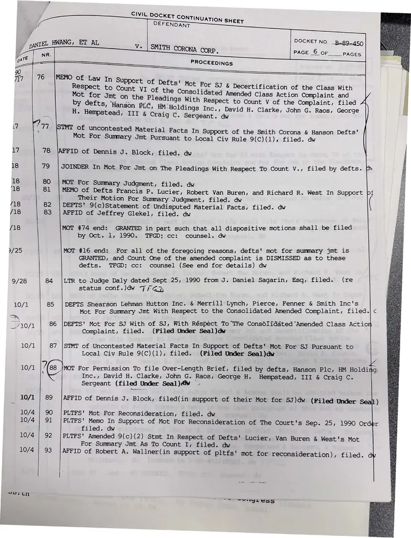 Photograph of a report: Docket sheets in Hwang v. Smith Corona Corp. (securities class action), page 7.