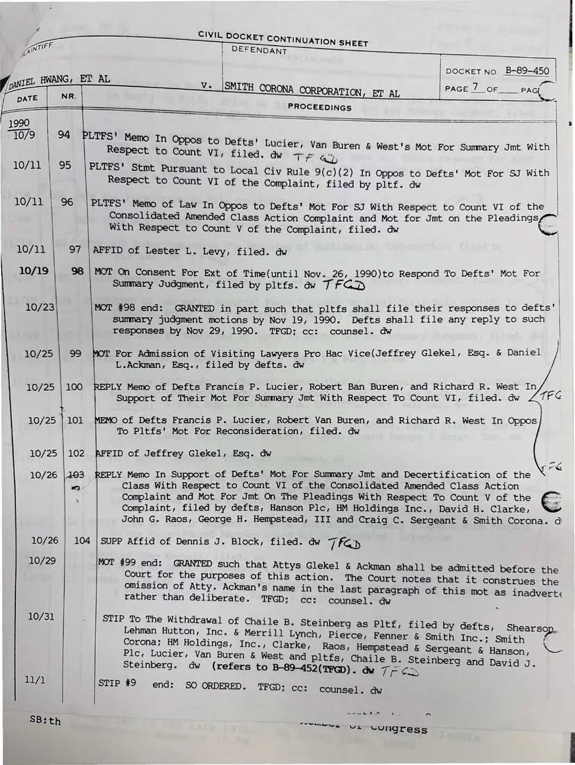 Photograph of a report: Docket sheets in Hwang v. Smith Corona Corp. (securities class action), page 8.